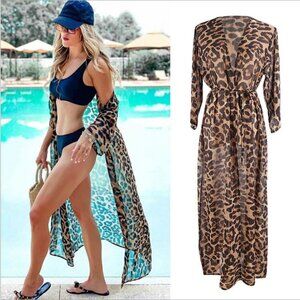 NEW Cover Up Animal Print Leopard Swim Tie Waist Kimono Duster Beach Sheer Flowy